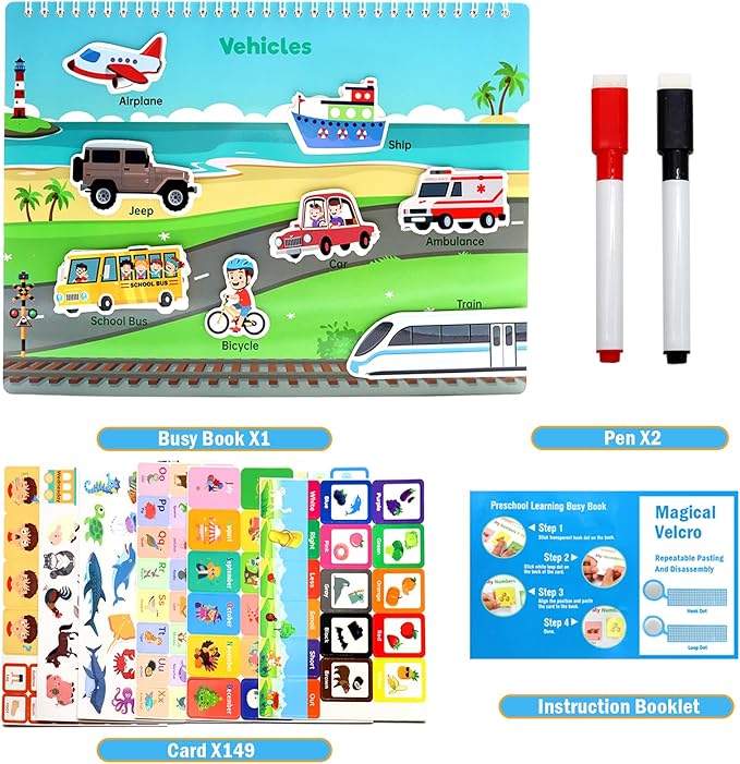 Busy Book for Toddlers, Preschool Learning Activities Book, 28 Pages Pre K Montessori Early Educational Learning Coloring Book, Autism Sensory Travel Toys, Gift Toys for Ages 3 4 5 6 7 Boys Girls