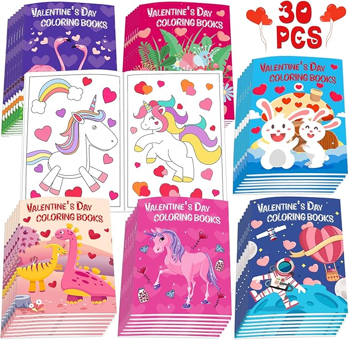 30Pcs Valentines Day Coloring Books for Kids 4-8, 8-12, Valentine's Party Favors Bulk Gifts Includes Dinosaur More Designs Goodie Bags Stuffer for Classroom Activity Supplies Boys Girls