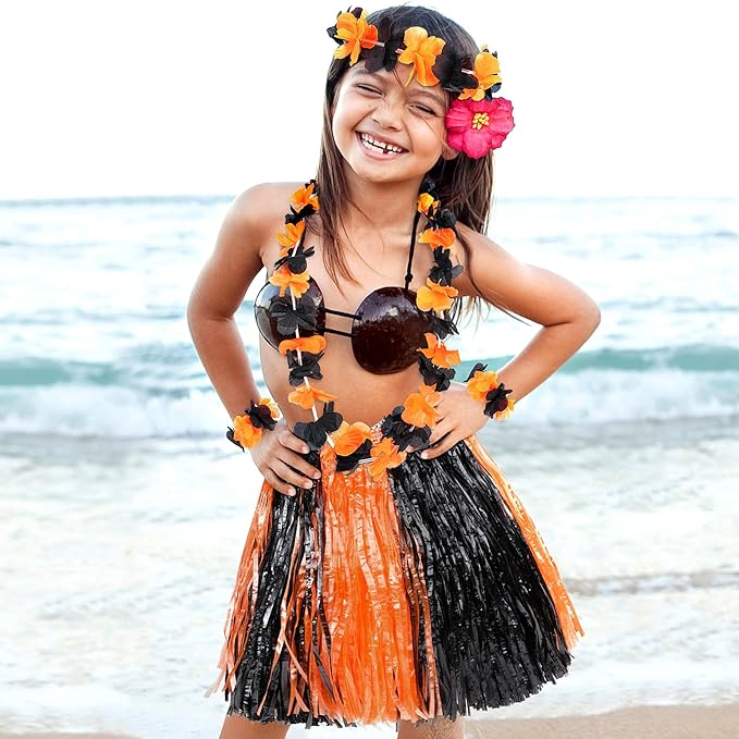 Fortuning's JDS Girl's Hawaiian Hula Grass Skirt for Luau Party Kids Flowers Outfits for Luau Tropical Beach Party Decor