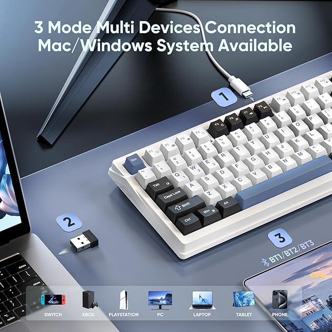 RedThunder K95 Wireless Mechanical Keyboard, TFT Screen & Knob, Tri-Mode BT5.0/2.4GHz/USB-C Hot Swappable Custom, Pre-lubed Linear Switches, Gasket Structure, RGB Gaming Keyboard, Snowy White-Blue