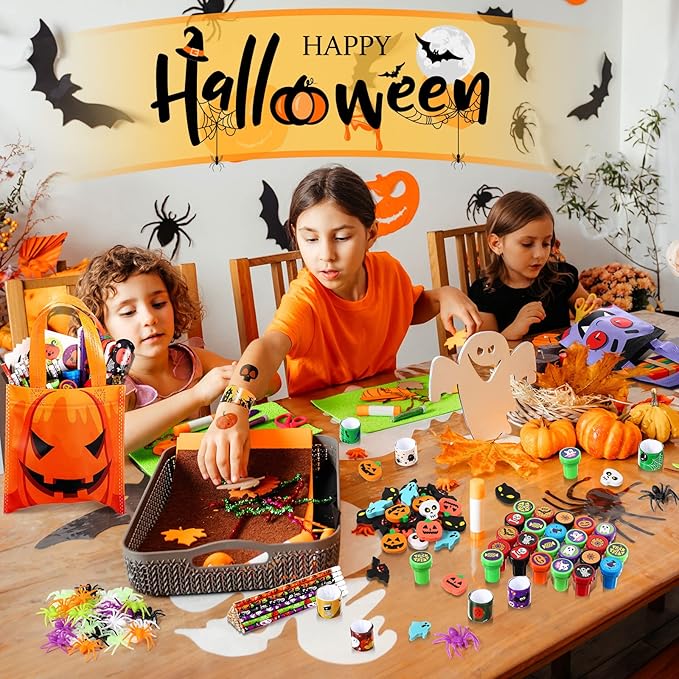 192 Pieces Halloween Party Favors Set 24 Pack Halloween Stationery for Kids Trick or Treat Toy Goody Bag Fillers Including Halloween bag Tattoo Sticker Stamper Pencil Eraser Spider Slap Bracelet