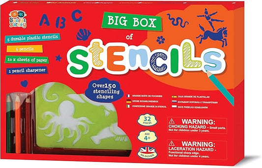 BUDDY & BARNEY Big Box of Stencils (Large 32-Piece Stencils Kit), 150+ Shapes: Animals, Letters, Numbers, & More, 6 Coloring Pencils, 5 Stencil Sheets, Paper, Drawing Stencils for Boys, Girls, Kids 4+