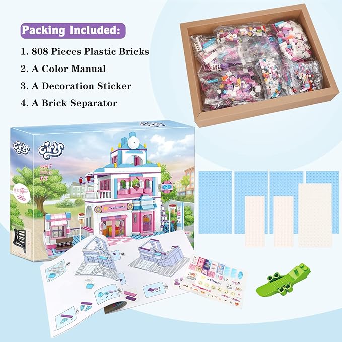 BRICK STORY Dream Girls Friends Shopping Mall Building Set 808 Pieces, with Supermarket and Restaurant Building Playset, 4 Mini Toy Figures, Girls Friends House Building Toys for Kids Age 6-12 8-14