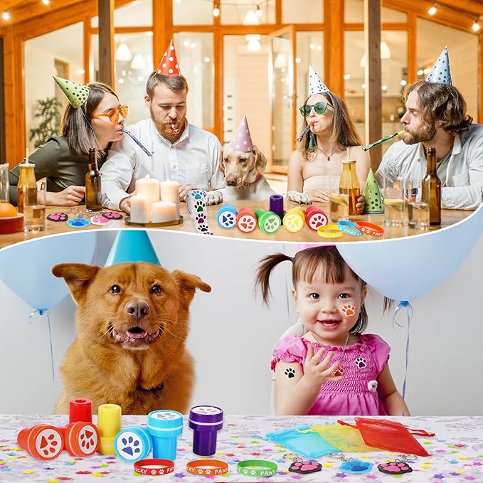 85 Pieces Dog Paw Party Favors Set Dog Paw Print Party Supplies with Paw Print Silicone Bracelet Stamper Sticker Keychain Pendant Chain Organza Bag and Thank You Tag for Girl Kid Boy Party Birthday