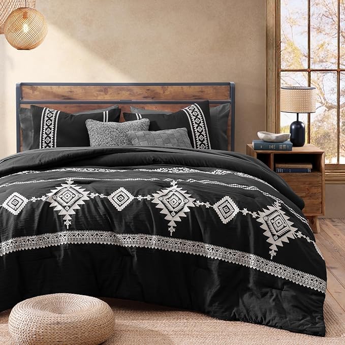 MaiRêve Embroidery Comforter Set, Boho Farmhouse Western Bedding Set, All Season Bed in A Bag Comforter Set with Sheets, Pillowcases & Shams, Black California King 7 Pieces