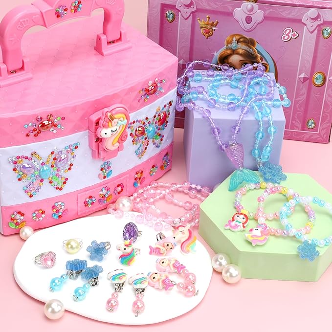 Jewelry Box for Girls, Unicorn Toys for Girls Age 4-6 Kids Jewelry Box, Toddler Girl Jewelry Set with Princess Necklaces/Bracelets/Earrings/Rings, Funny Christmas Birthday Gifts for 3-6 Year Old Girl