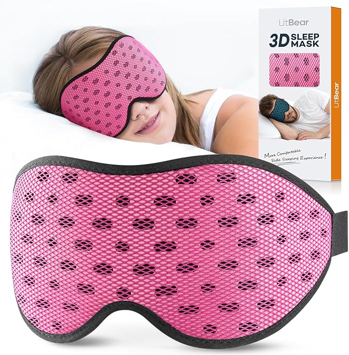 LitBear Breathable Sleep Mask, 3D Eye Mak Sleep for Side Sleepers Women Men, Light Blocking Sleeping Mask with Adjustable Strap, Soft Lightweight Eye Cover for Travel, Night Work, Nap, Office - Pink