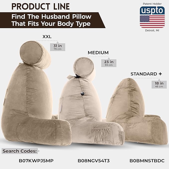 Husband Pillow Medium Aspen Edition Cowboy Taupe, Sit Up Reading & Bed Rest with Arms, Ultra-Comfy, Detach Neck Roll - Premium Shredded Memory Foam Backrest, Reverses to Micro: Suede or Plush