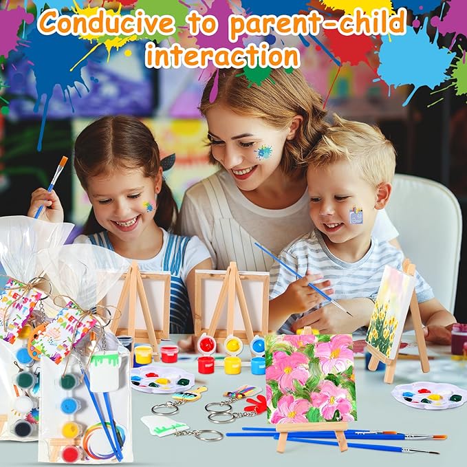HyDren Paint Party Favors Include Mini Watercolor Paint Set Small Painting Canvas with Easel Palette Brush Paint Stickers Tattoo Sticker Keychain for Class Birthday Art Party(254 Pcs, Classic Style)