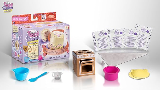 Goliath Tasty Tinies Bake Shop Strawberry Cake Mix Kit with Unicorn Tracks Sprinkles & Vanilla Frosting Mix | Bake & Decorate 2 Real Mini Cakes | Includes Mini Tools & Ingredients | Ages 6+