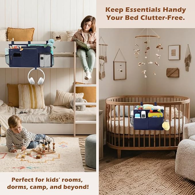 Surblue Bedside Caddy Bunk Bed Storage Organizer Hanging Pockets for College Dorm Rooms, Hospital Beds, Baby Bed Rails, Camping, RV, Small and Large Set, Blue