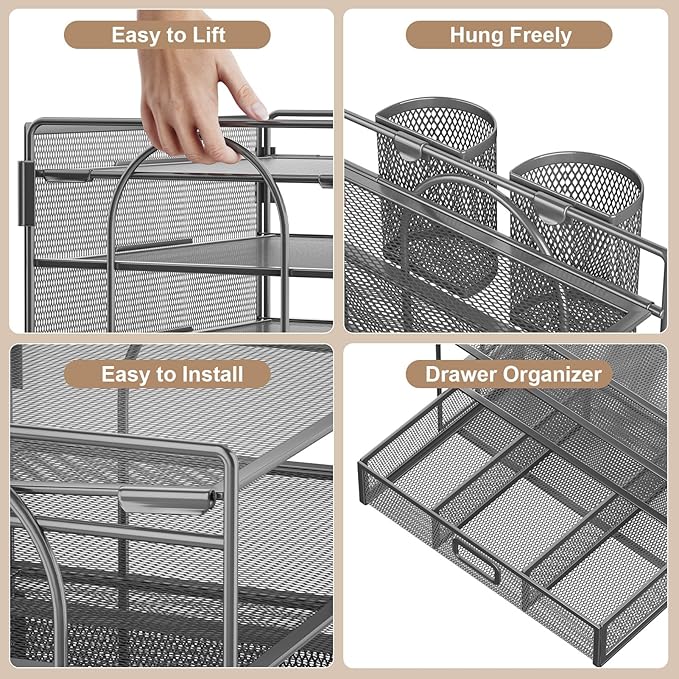 Marbrasse Desk Organizer and Accessories4-Tier Paper File Letter Tray Accessories & Workspace Desk Organizers with Drawer and 2 Pen Holders for School Home Office Supplies (Grey)