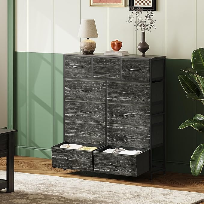 WLIVE Tall Dresser for Bedroom, Fabric Dressers Storage Tower, Dresser & Chest of Drawers with 11 Drawers, Storage Cabinet, Hallway, Closets, Steel Frame, Wood TopCharcoal Black Wood Grain Print