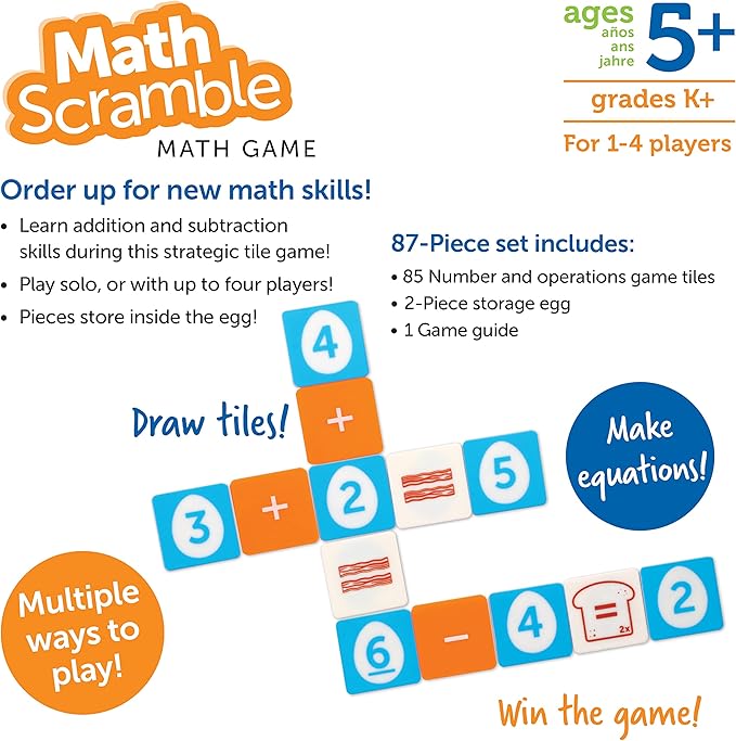 Learning Resources Math Scramble Game,Educational Games for Kids, Math Games for Kids, Early Math Skills, Addition and Subtraction Games, 87 pieces, Ages 5+