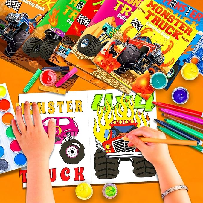 142Pcs Monster Trucks Party Favors for Toddlers Kids 4-8 Truck Car Toys Coloring Books with Crayons Bulk Birthday Supplies Tattoo Stickers Stamper Bracelets Keychain School Classroom Gift Goodie Bags