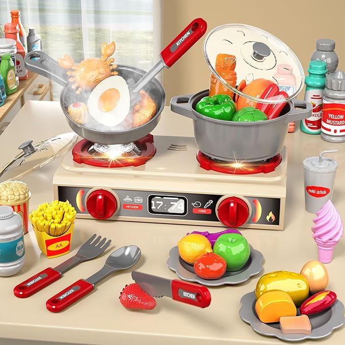 Kids Kitchen Playset for Toddlers, Kids Play Kitchen Set with Sounds and Lights for Toddlers 3-5 6-8, Pretend Food Toy Kitchens Christmas Birthday Gifts for Toddlers Kids 3 4 5 6 7 8 Years Old