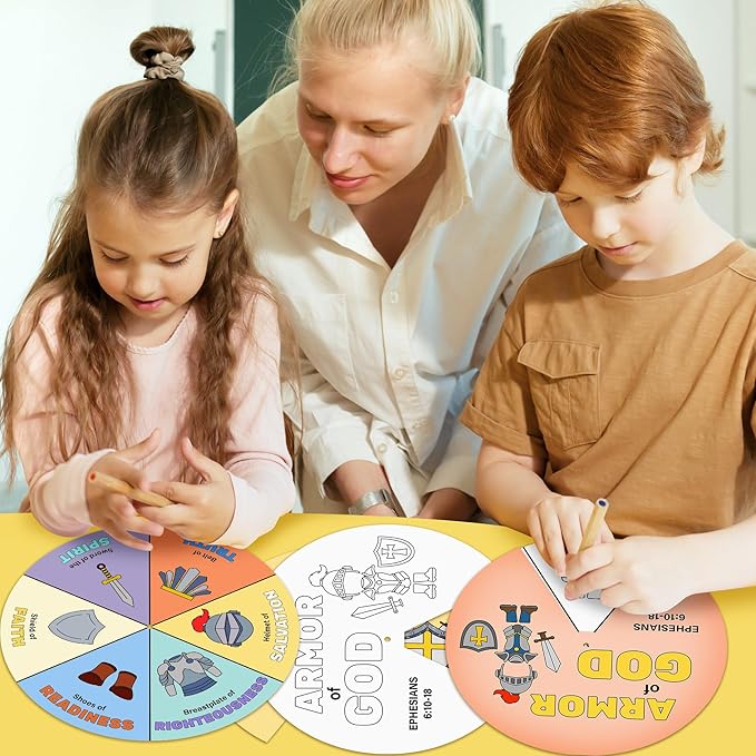 COcnny 24 Sets Armor Of God Color Wheel Craft, Color Your Own Knight Art for Kids, Religious Bible Coloring DIY Crafts Art Cards Game for Sunday School Christian Classroom Home Activities VBS Supplies
