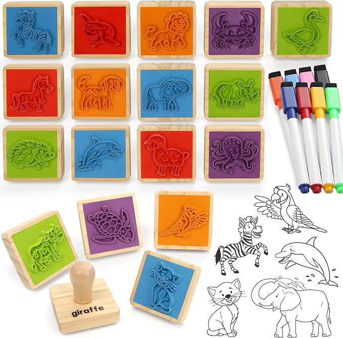 Coogam Wooden Animal Stamps Printing Toy Set, 20pcs Color Shape Stamping for DIY Scrapbook Arts Crafts Supplies Party Favor Toy Gift with Markers Suitable for 3 4 5 Year Old Kids