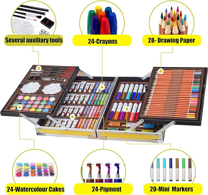 KINSPORY Art Supplies, 139 Pack Painting Drawing Art Kit with 2 Sketch Pads, Deluxe Double Layers Art Set Crafts, Colored Pencils, Oil Pastels, Watercolor Paints, Gift for Artists Kids (Yellow)