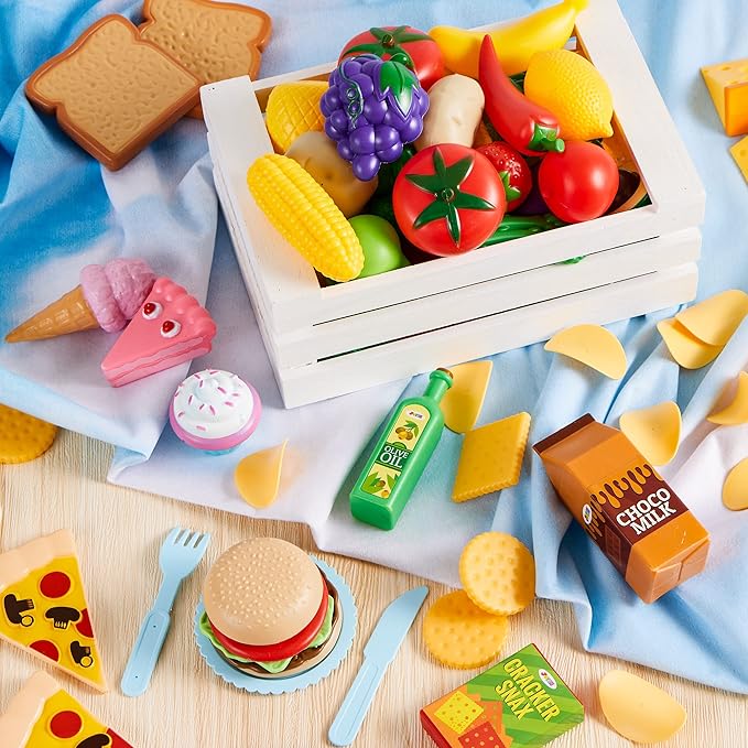 JOYIN 135Pcs Kids Play Food Set, Value Pretend Food for Play Kitchen with Fruit, Vegetable, Can, Dessert, Tableware, Bottles, Dramatic Plastic Toys for Toddler Boys Girls 3+ Years