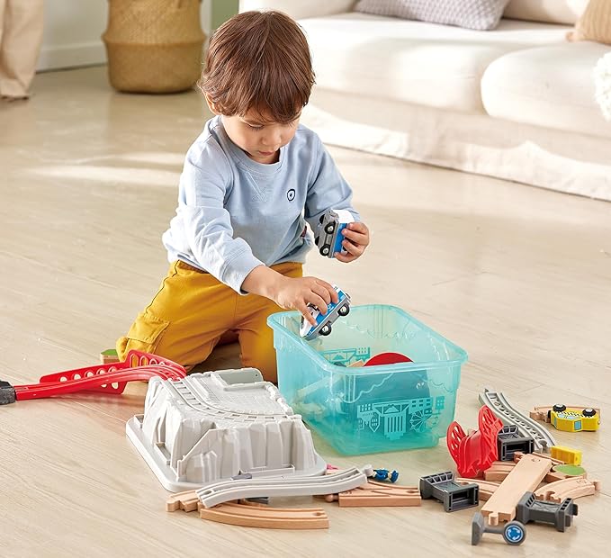 Hape City Railway and Train Bucket Set Toy with Hoisting Magnetic Crane for Trains, Trucks, and Cargo for Kids Ages 3 and Up, Multicolor