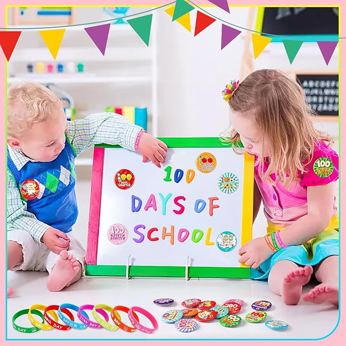 64PCS 100 Days of School Party Favors 32pcs 100 Days Smarter Button Badges Pins and 32pcs Silicone Bracelets for Happy 100th Day of School Activities Party Decorations Goodie Bag Fillers