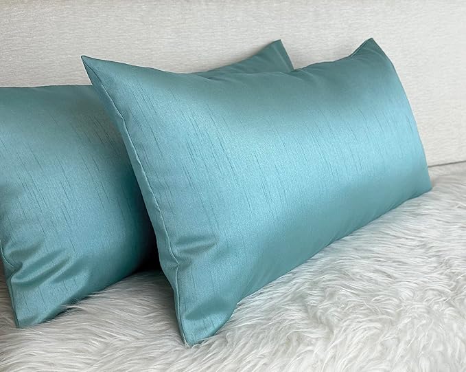 Aiking Home 12x24 Inches Faux Silk Rectangular Throw Pillow Cover, Zipper Closure, Aqua (Set of 2)
