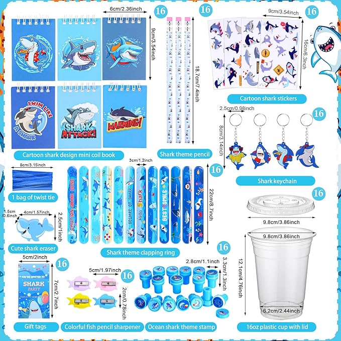 Colarr 161 Pcs Shark Party Favor Shark School Stationery Set Includes Gift Cup Notebook Pencil Sharpener Eraser Keychain Stamp Slap Bracelet Sticker Card for Shark Birthday Supplies
