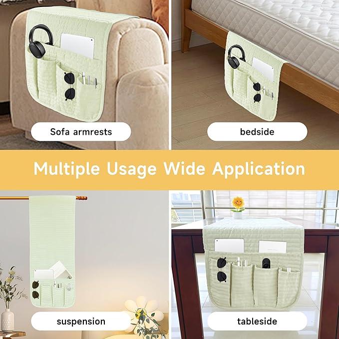 MEHIDFY Sofa Armrest Caddy, Waterproof Bedside Storage Organizer, Non Slip Armchair Pockets, Remote Control Holder for Couch, Handy Pouches with 6 Pockets for TV Remote, Phone, Magazine(White)