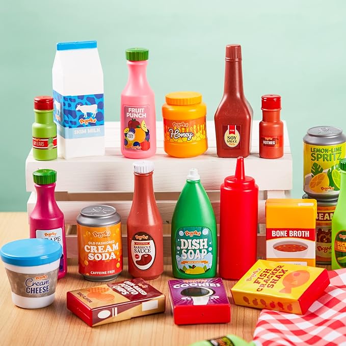 JOYIN 30Pcs Play Food Grocery Cans, Play Kitchen Accessories, Includes Drink, Juice, Jar, Seasoning, Water Bottle, Sauce, Yogurt, Ice Cream, Snack Box, Kids Gifts & Indoor Toys