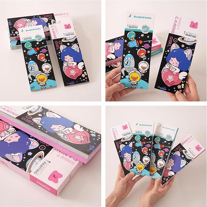 40 Card Rainbow Sparkle Scratch Painting Note, Hand-Eye Coordination Art&Crafts, Mini Magic Scratch DIY Graffiti Creative Bookmarks Gift for Kids&Adults, 8.5''x3.2'' (Canine Girl/Duckbill Baby Space)