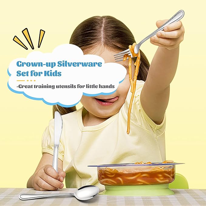 E-far 12-Piece Kids Silverware, Stainless Steel Toddler Kids Utensils Safe for Preschooler/Children, Includes 4 Forks 4 Spoons 4 Knife, Slimline Adult Look & Small Size, Rust Free & Dishwasher Safe