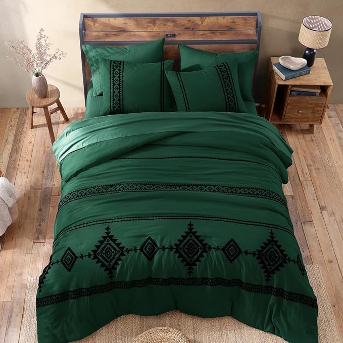 MaiRêve Embroidery Comforter Set, Boho Farmhouse Western Bedding Set, All Season Bed in A Bag Comforter Set with Sheets, Pillowcases & Shams, Emerald Green Queen 7 Pieces