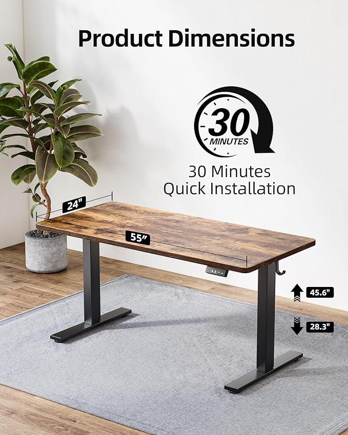 TIQLAB Standing Desk 55 x 24 inch, Electric Height Adjustable with Splice Board, Stand Up Desk, Sit Stand Desk Computer Desk for Home Office, Black Frame/Rustic Brown Top