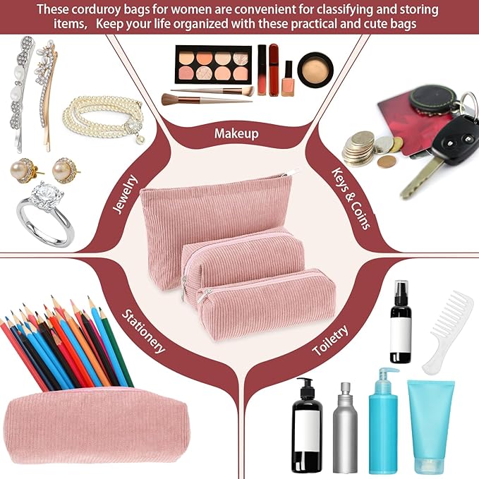 Huhumy 3 Pcs Makeup Bag Set for Women Corduroy Cosmetic Pouch Aesthetic Smile Travel Toiletry Bag Cute Purse Pouch Pencil Case Makeup Brushes Storage Organizer for Valentine(Pink,Solid Style)