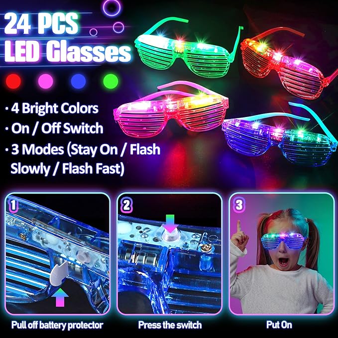 286PCS Glow in the Dark Party Supplies for Kids Adult, Light Up Party Favors with Light Up Glasses, Tubes, Hair Clips, Glow Sticks Bulk Party Pack DIY Glow Necklaces Bracelets Headband for Neon Party