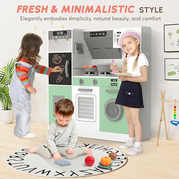 BIERUM Play Kitchen with Realistic Lights & Sounds, Wooden Kitchen Playset with 28 Pcs Toy Food & Cookware Accessories, Toy Kitchen with Plenty of Play Features, Idea Gift for Boys and Girls Ages 3+