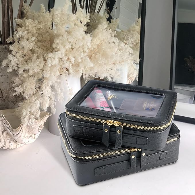 Aveniee Clear Makeup Bag Organizer, Portable Travel Toiletry Cosmetic Bag Case for Women, Heavy Duty Clear Pouch with zipper with Transparent Vinyl Windows & Gold Zippers(Black)