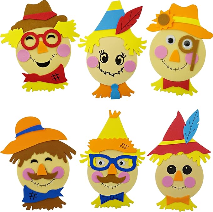 4E's Novelty Scarecrow Fall Crafts for Kids (12 Pack) Foam Self Adhesive, Crafts for Kids Bulk with Magnet, Halloween, Thanksgiving DIY Party Favors Activity for Ages 3-12