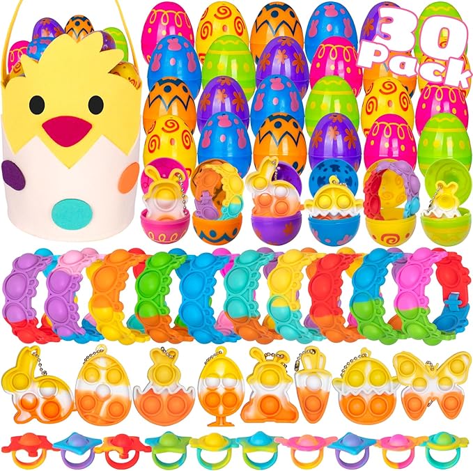 30 Packs Easter Plastic Printed Bright Eggs,Easter Theme Pop Keychain Bracelets Rings Bubble Toys Set,Fidget Stress Relief Squeeze for Basket Stuffer,Classroom Exchange Game Prize Supplies