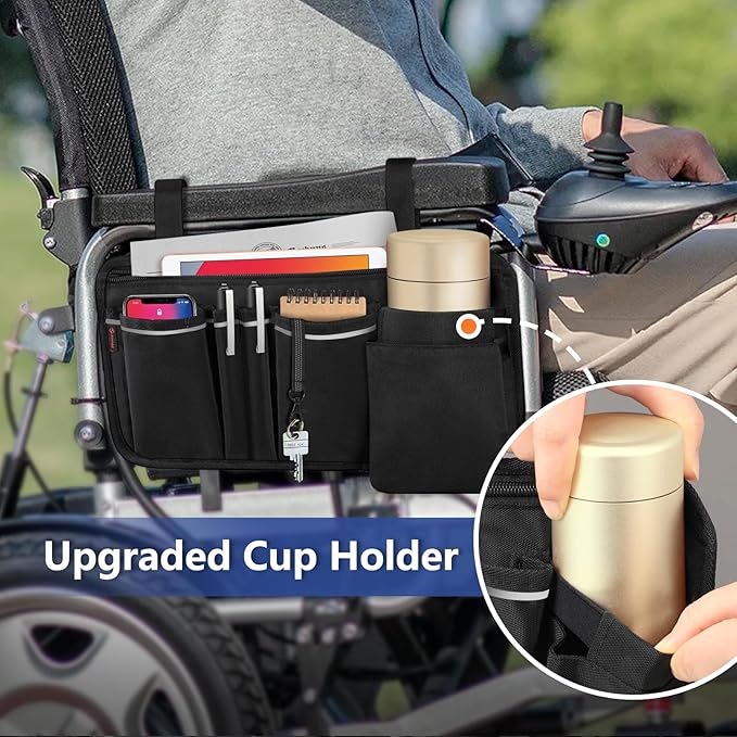 FINPAC Wheelchair Side Organizer Bag with Cup Holder, Wheelchair Armrest Accessories Pouch with Pen Slot and Reflective Strips for Power Wheelchairs, Walkers, Rollators, Adults, Seniors - Black