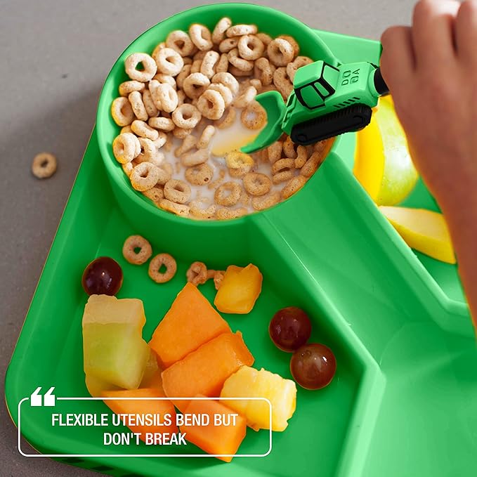 Dinneractive Utensil Set for Kids – Construction Themed Toddler Forks and Spoons, Toddler Utensils – 2-Piece Set – Green Construction Utensils for Toddlers - Loader & Tractor Toddler Spoons and Forks