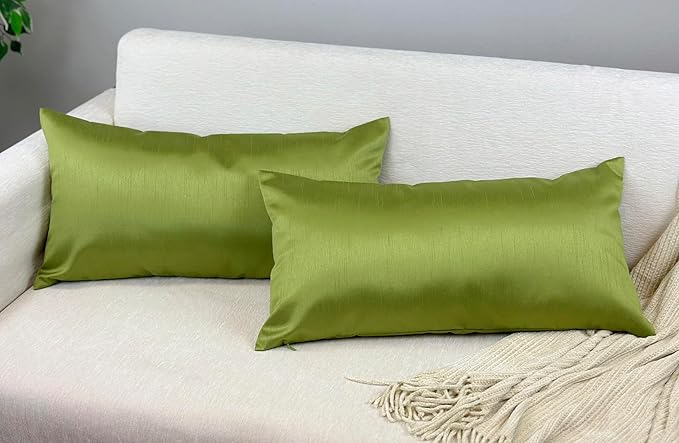 Aiking Home 12x24 Inches Faux Silk Rectangular Throw Pillow Cover, Zipper Closure, Green (Set of 2)