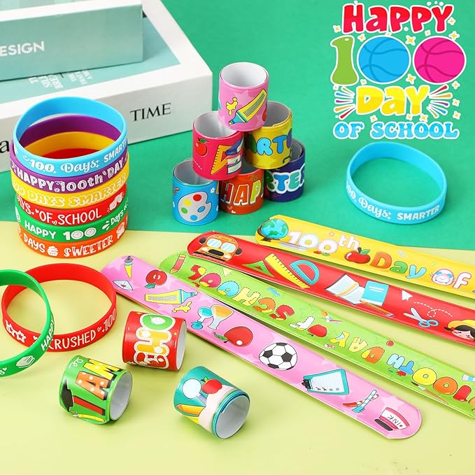JUNEBRUSHS 100 Days of School Silicone Slap Bracelets, 50 Pcs Rubber Bracelets Snap Wristbands Happy 100th Day of School Party Favors Supplies Classroom Student Rewards