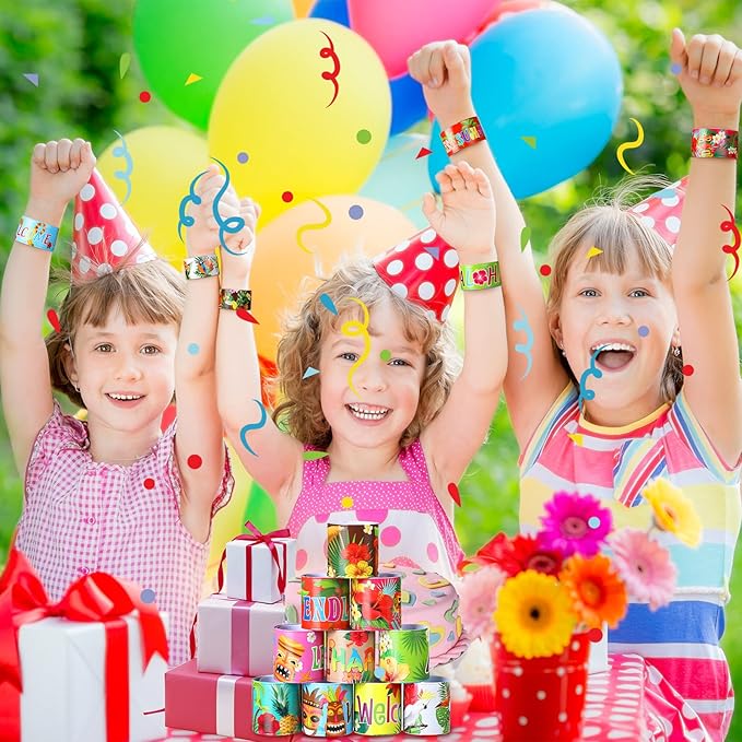 Civaner 40 Pieces Luau Party Favors Hawaiian Theme Slap Bracelets Aloha Party Decorations Tiki Snap Bracelets for Kids Summer Tropical Birthday Party Supplies Pool Beach Birthday Gifts 10 Styles