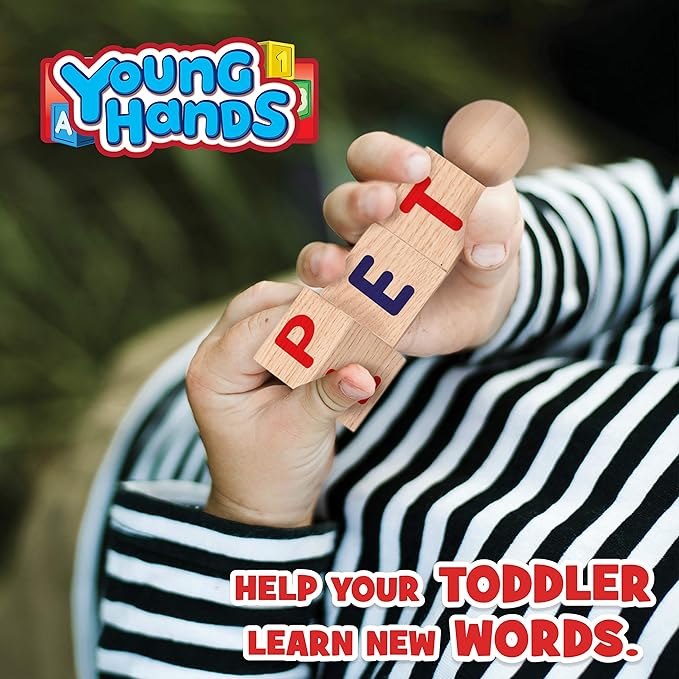 Creative Kids Wooden Reading Blocks - Set of 5 Spinning Alphabet Blocks w/Easy-Grip Handles - Kindergarten Preschool Learning Activities Letter Work - Wooden Montessori Toys Gifts for Kids Toddlers