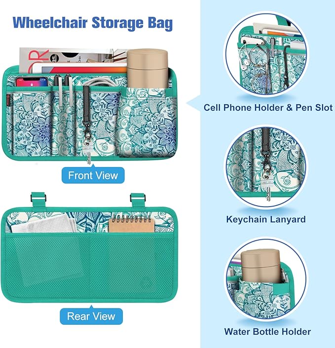 FINPAC Wheelchair Side Storage Bag w/Cup Holder, Wheelchair Armrest Accessories Pouch with Pen Slot and Reflective Strips for Power Walkers, Rollators, Seniors - Emerald Illusions