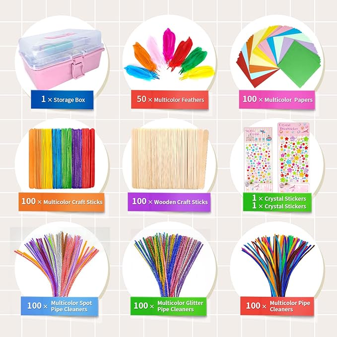 1405 Pcs Art and Craft Supplies for Boys and Girls, Toddler DIY Craft Art Supply Set Included Pipe Cleaners, Pom Poms, Feather, Folding Storage Box - All in One for Craft DIY Art Supplies (F0-Pink)