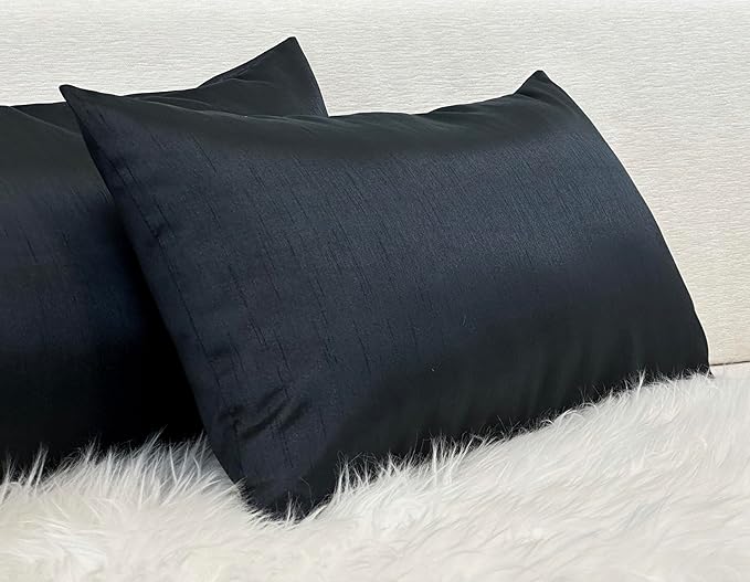 Aiking Home 12x24 Inches Faux Silk Rectangular Throw Pillow Cover, Zipper Closure, Black (Set of 2)