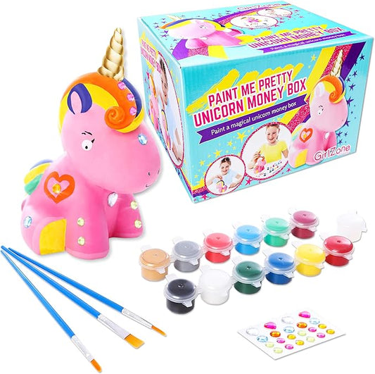 GirlZone Paint Your Own Unicorn Piggy Bank for Girls, Paint a Cute Unicorn with Cool Metallic Paints, Great Craft Kit for Kids and Fun Gift Idea